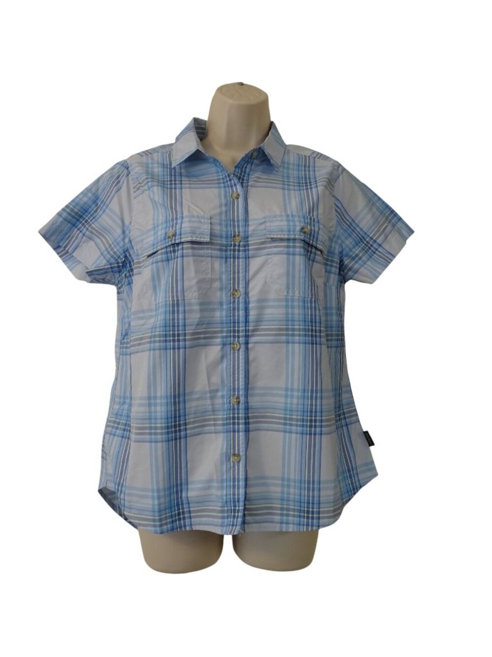 Eddie Bauer Plaid Button Up Shirt Blue Short Sleeve Women Size S Outdoor Hiking